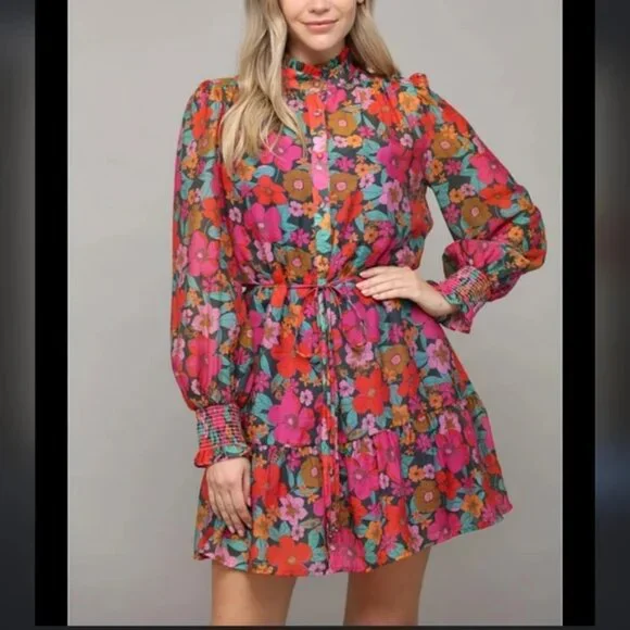 Fate NWT Full in Bloom long balloon sleeve ruffle button down tie waist dress, M - Picture 4 of 11